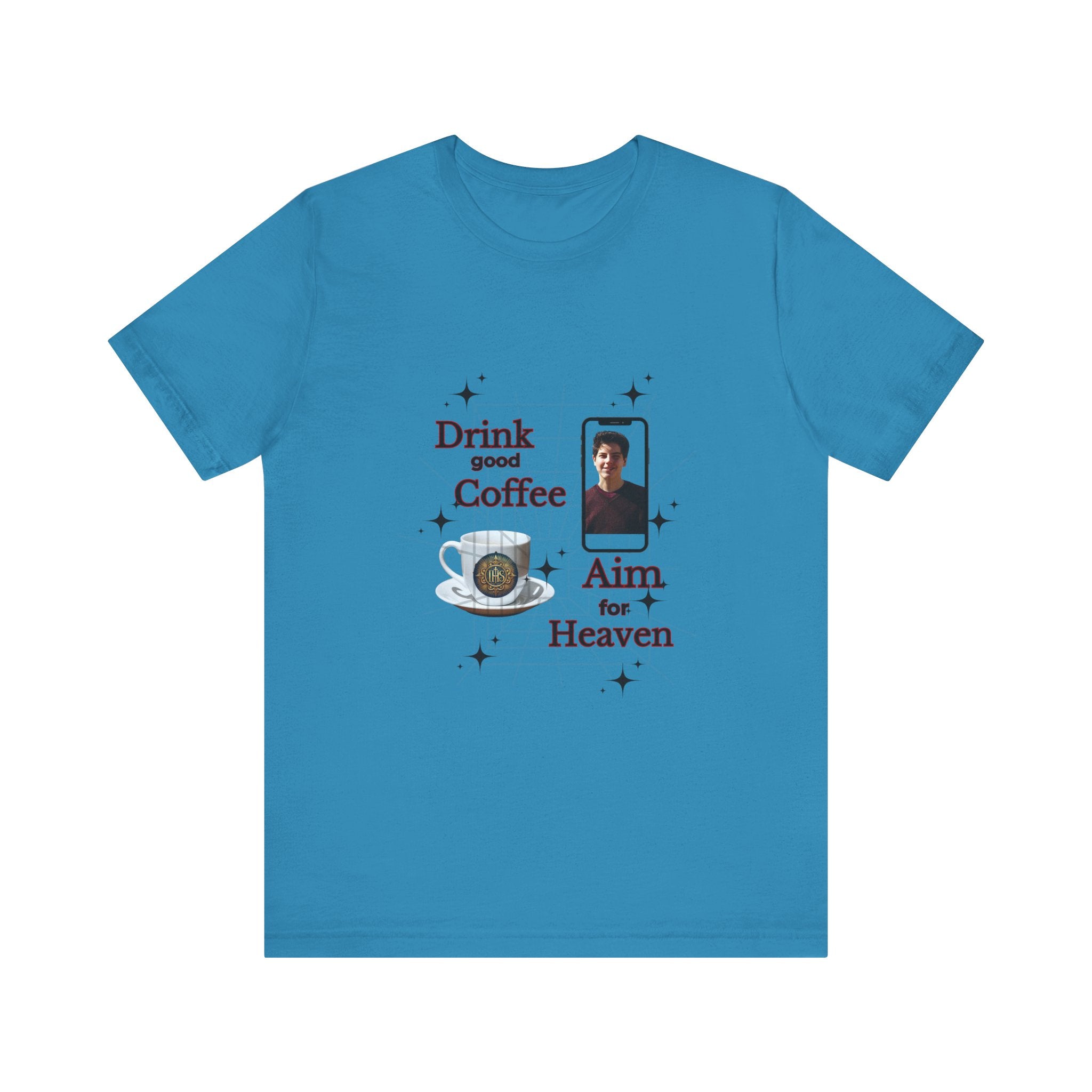 Coffee Lover Tee with Eucharist and St Carlo Acutis Design