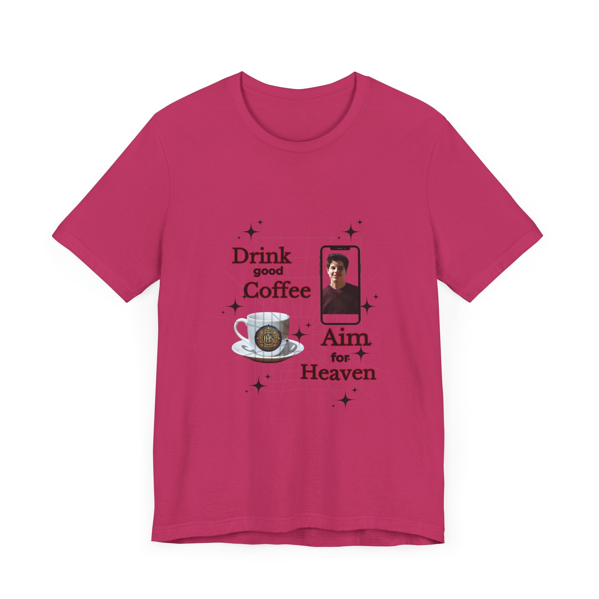 Coffee Lover Tee with Eucharist and St Carlo Acutis Design