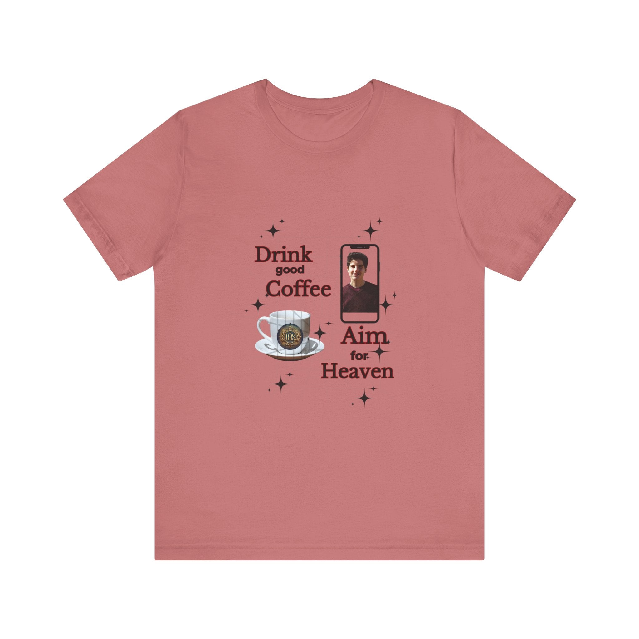Coffee Lover Tee with Eucharist and St Carlo Acutis Design