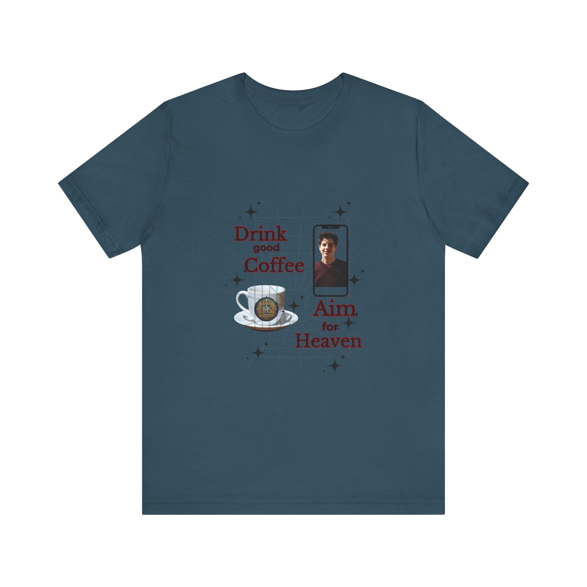 Coffee Lover Tee with Eucharist and St Carlo Acutis Design