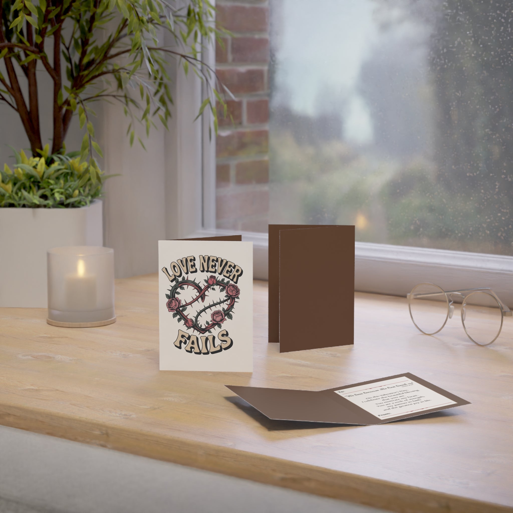 Greeting Card — "Love Never Fails" Rose & Thorns Heart