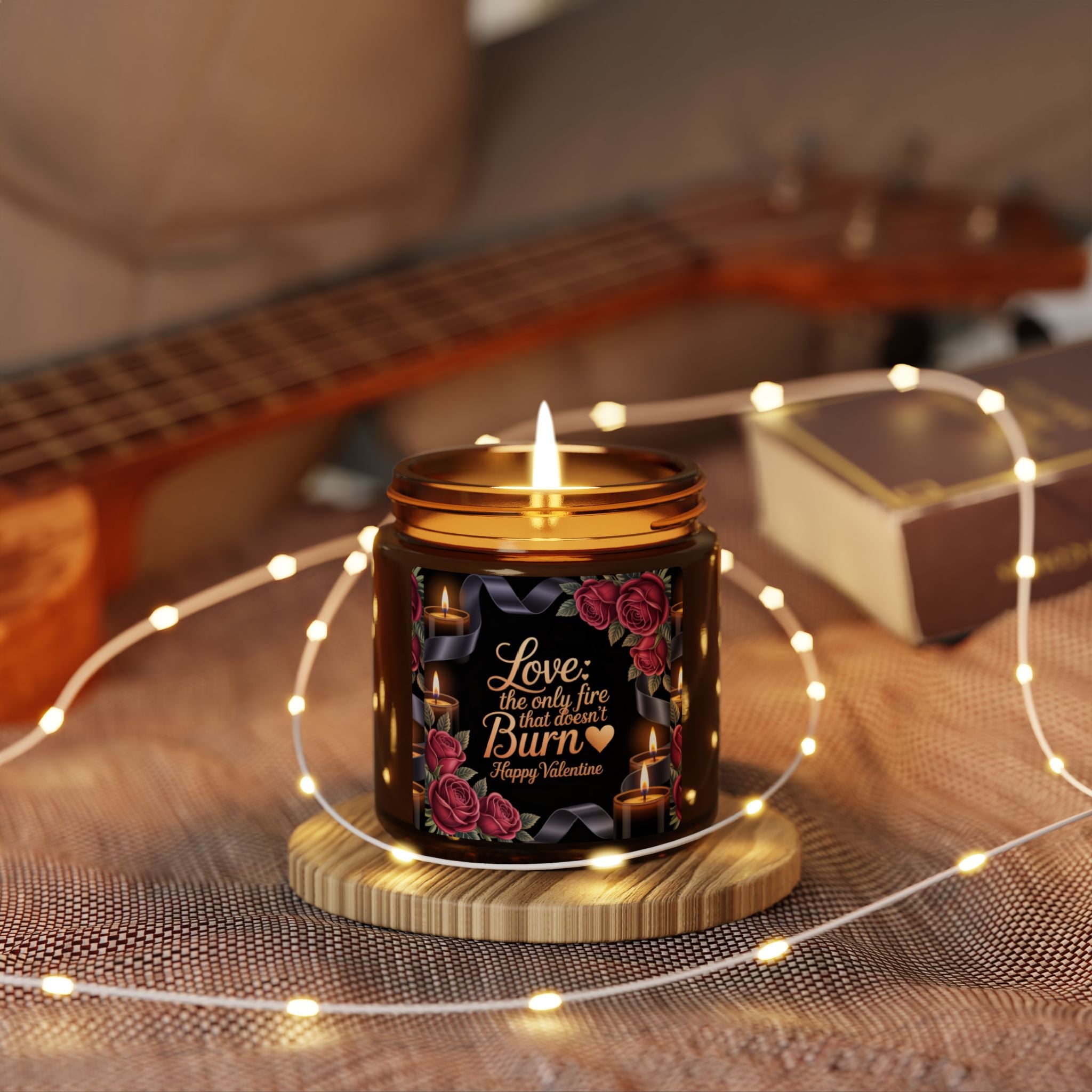 Valentine Soy Candle — "Love: The Only Fire That Doesn't Burn" Amber Jar