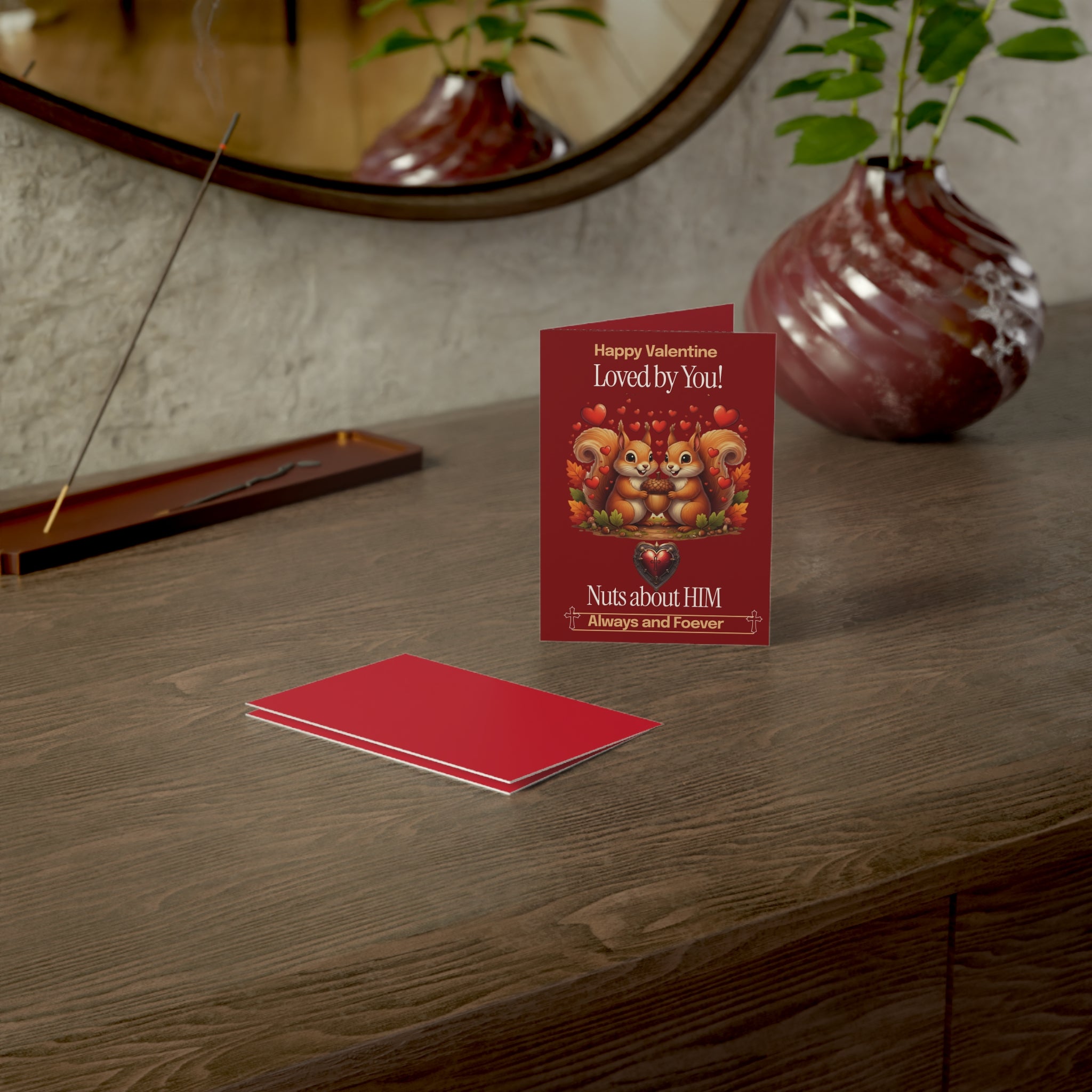 Valentine's Day Card — "Loved by You! Nuts About Him" Cute Squirrel Romantic Greeting Card (Single or Bulk Packs)