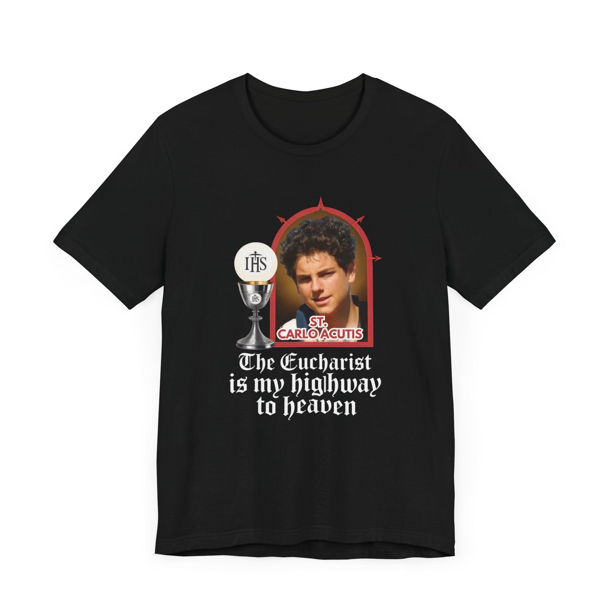 Eucharist Highway to Heaven Tee, Black Christian Shirt, Unisex Short Sleeve T-Shirt, Religious Gift, Faith-Based Apparel, Catholic Style