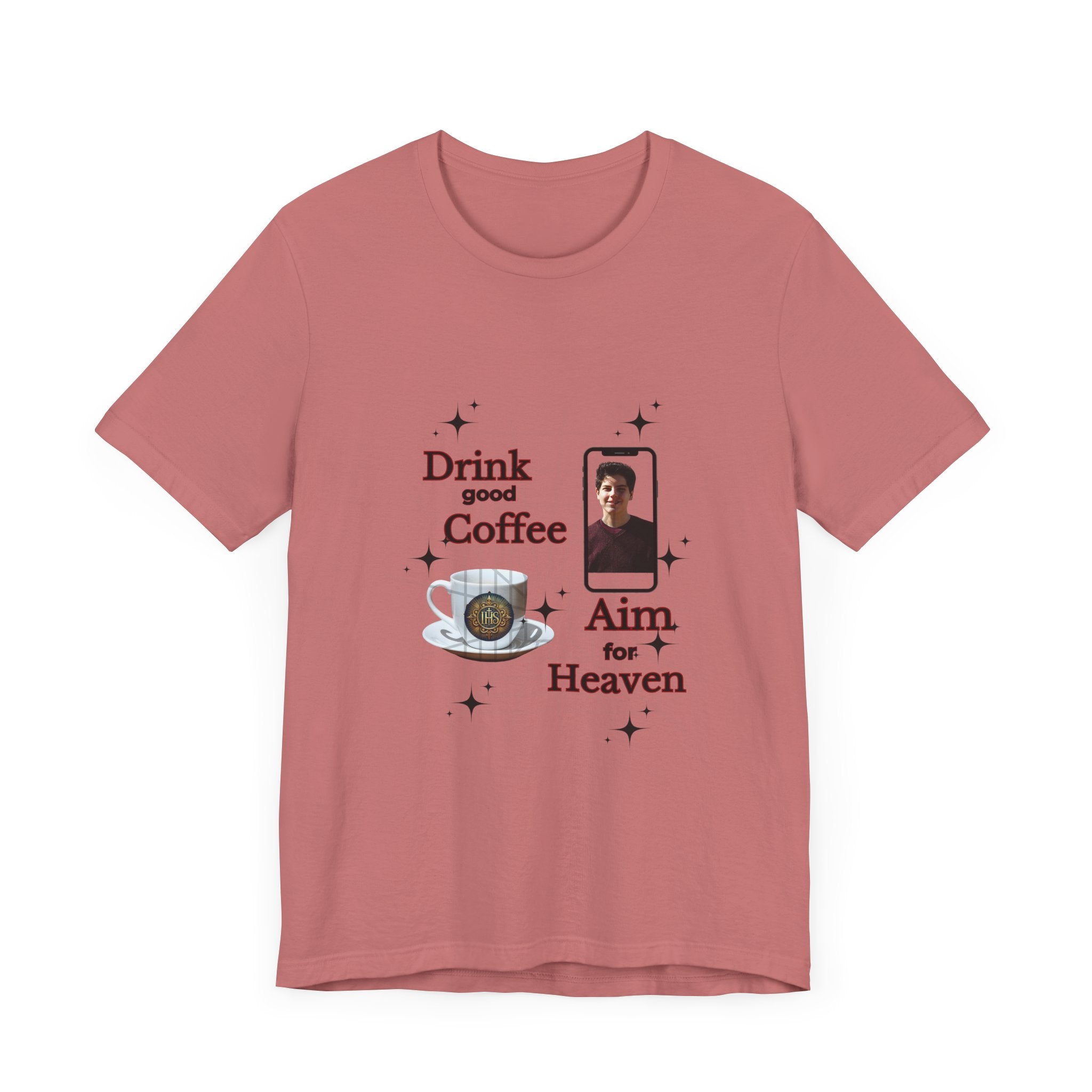 Coffee Lover Tee with Eucharist and St Carlo Acutis Design