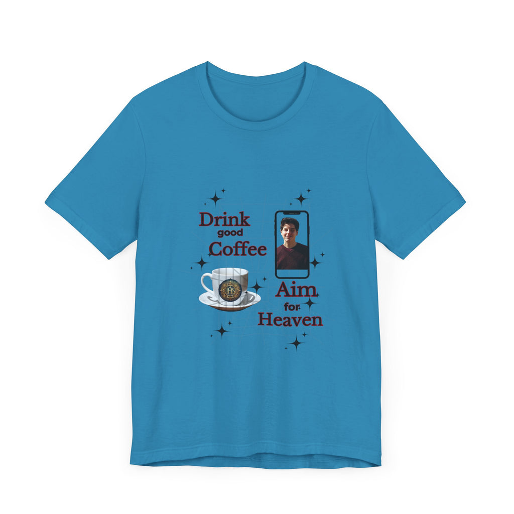 Coffee Lover Tee with Eucharist and St Carlo Acutis Design