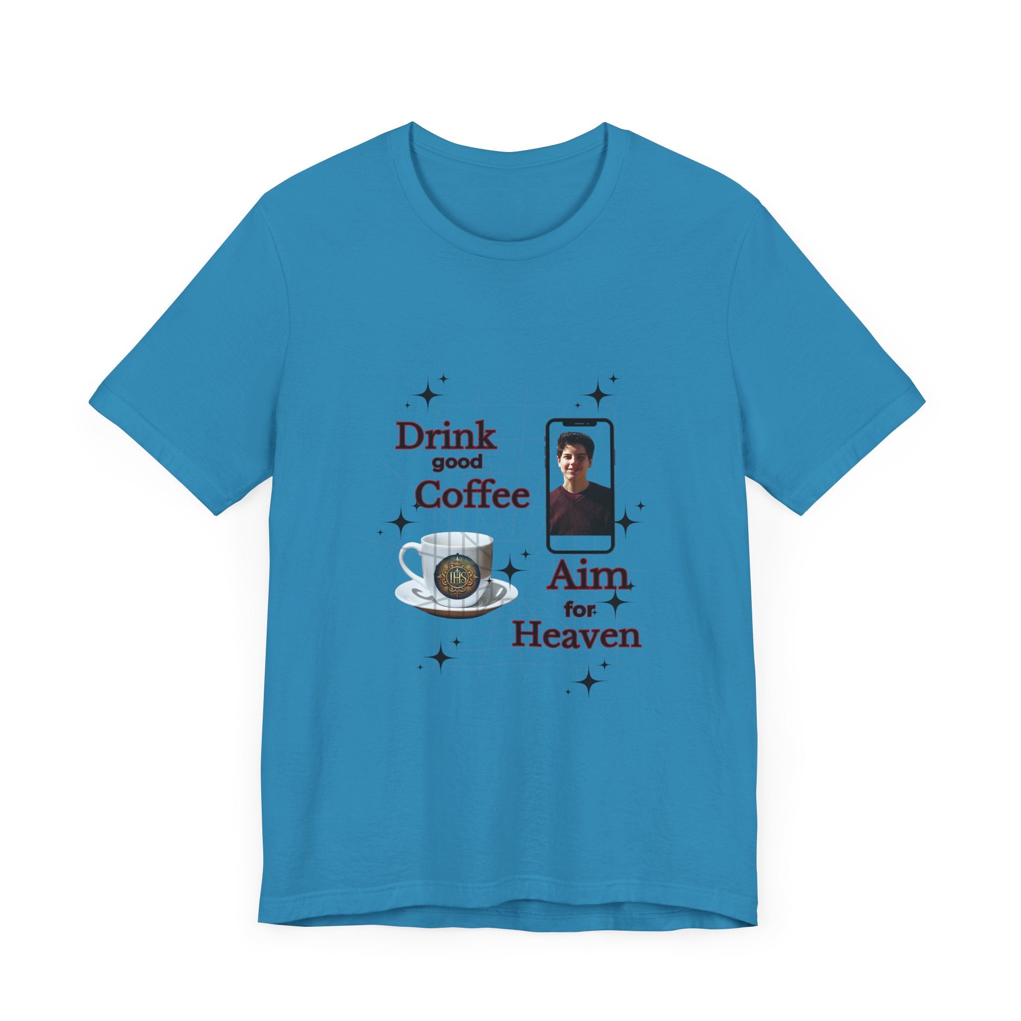 Coffee Lover Tee with Eucharist and St Carlo Acutis Design