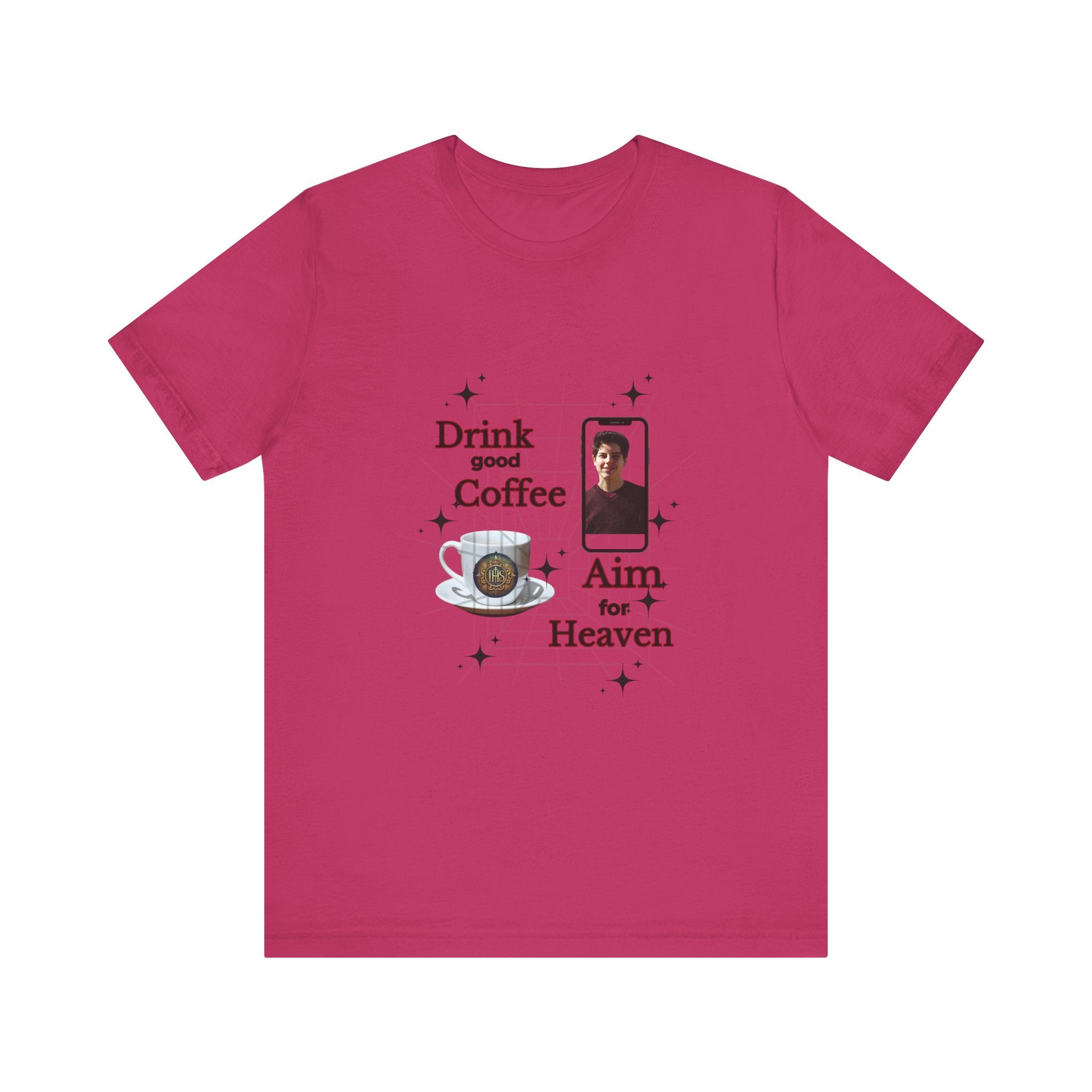Coffee Lover Tee with Eucharist and St Carlo Acutis Design