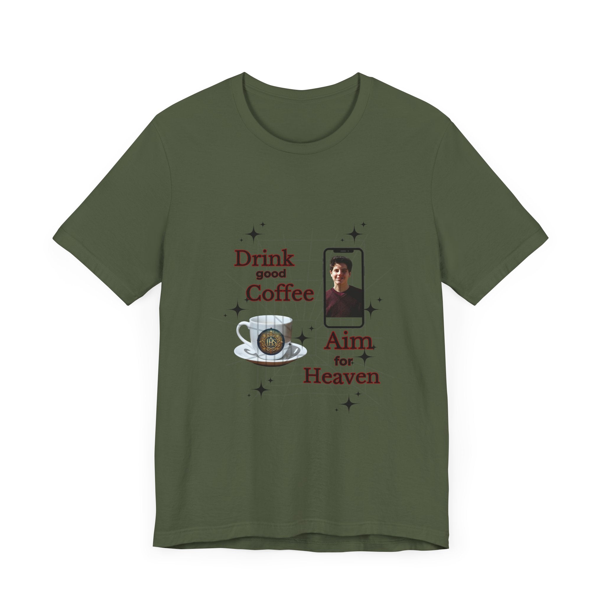 Coffee Lover Tee with Eucharist and St Carlo Acutis Design