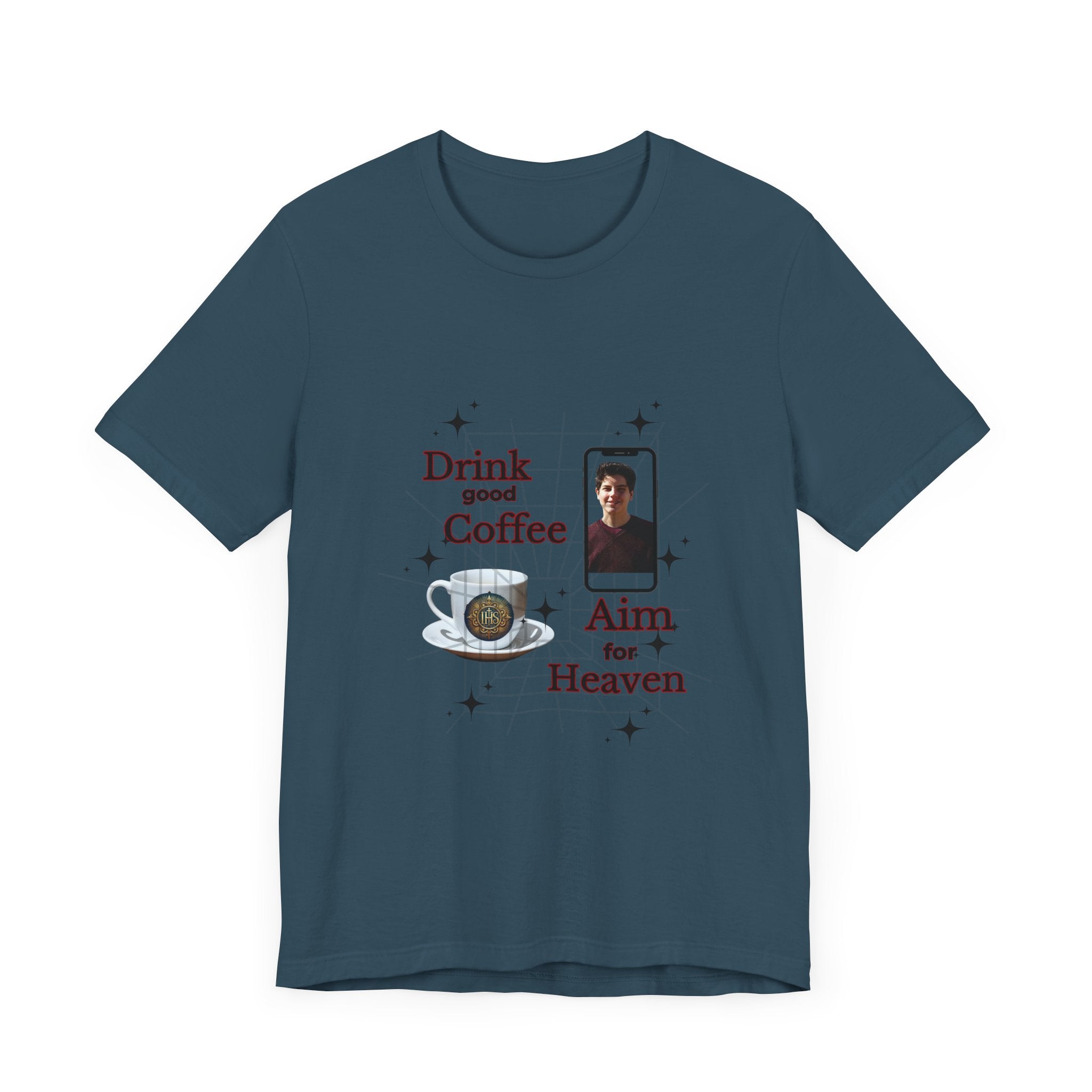 Coffee Lover Tee with Eucharist and St Carlo Acutis Design