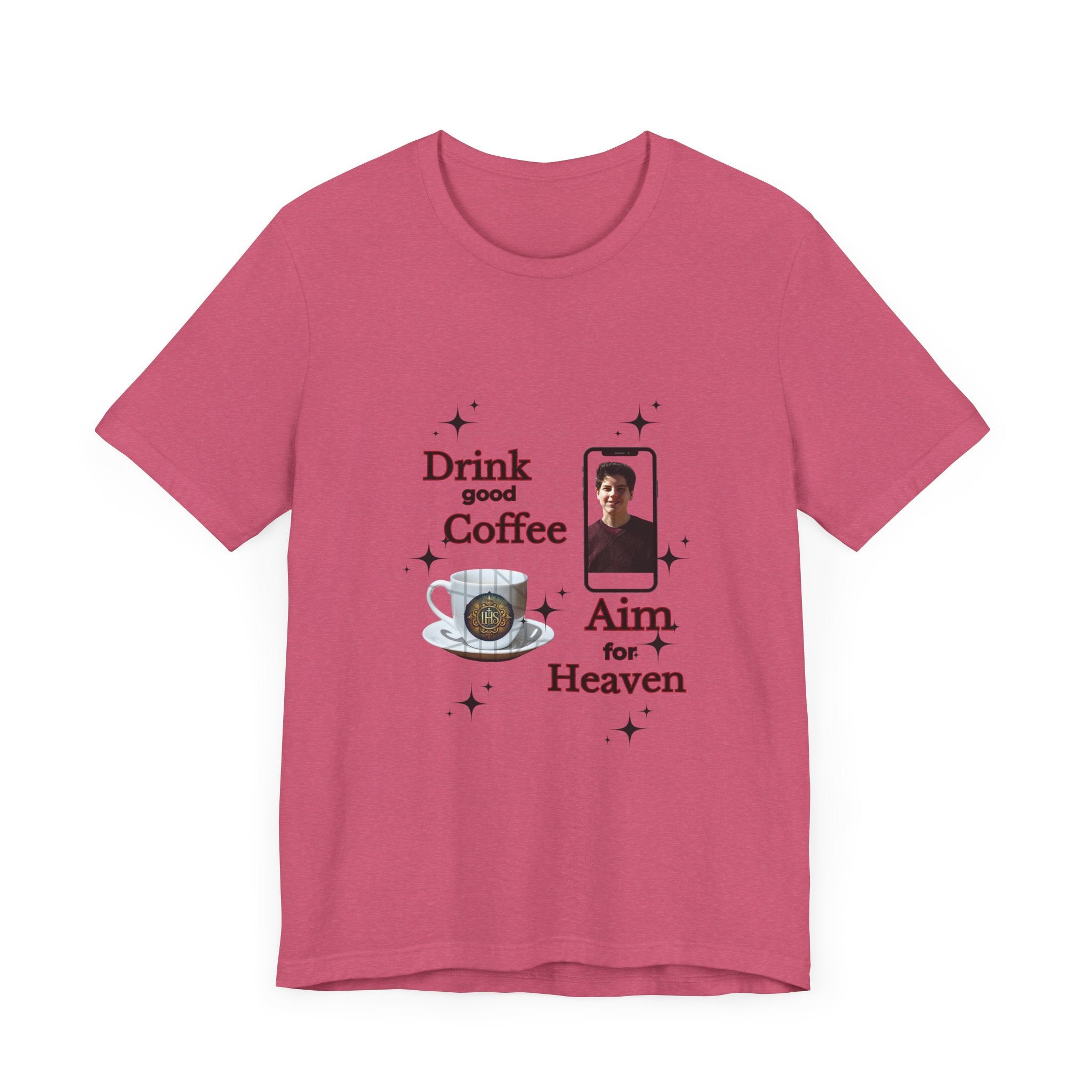Coffee Lover Tee with Eucharist and St Carlo Acutis Design