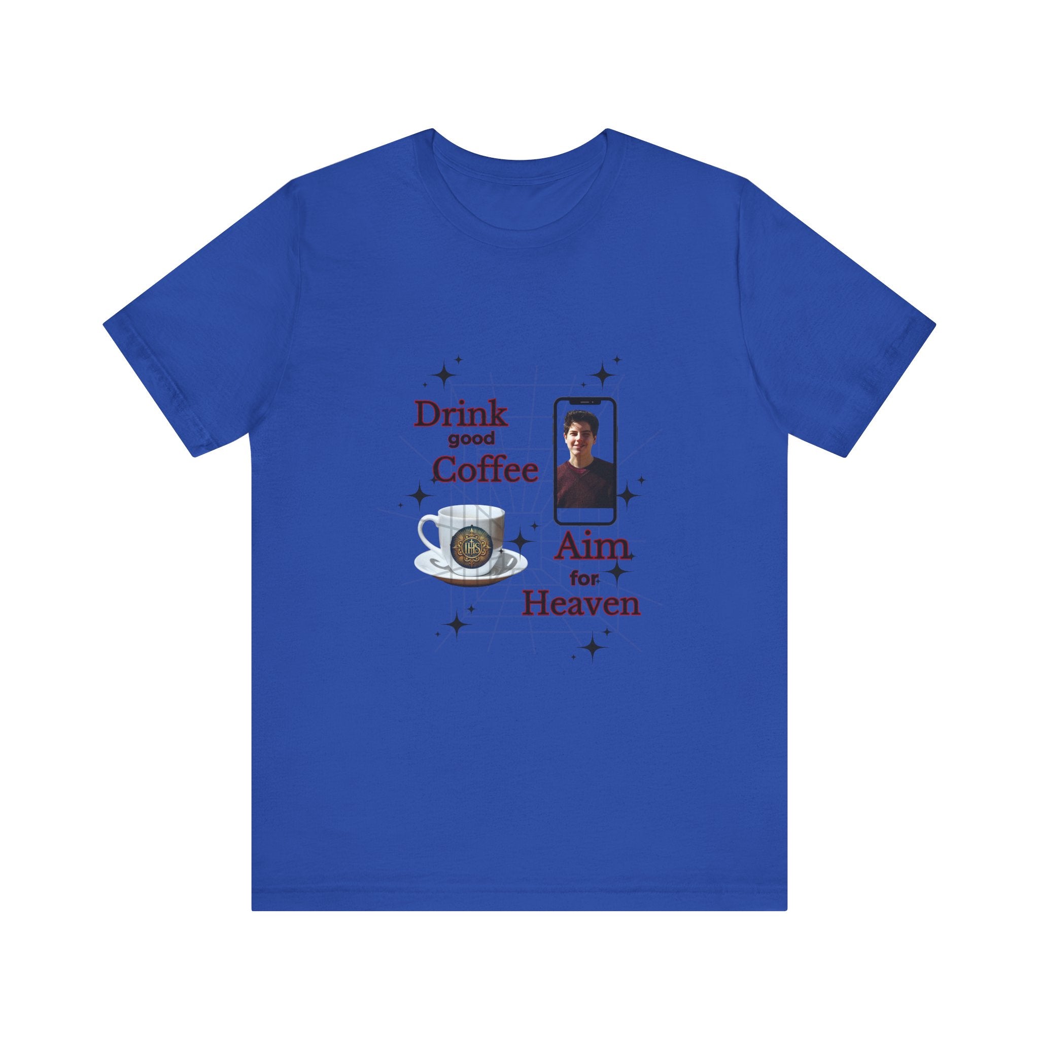 Coffee Lover Tee with Eucharist and St Carlo Acutis Design