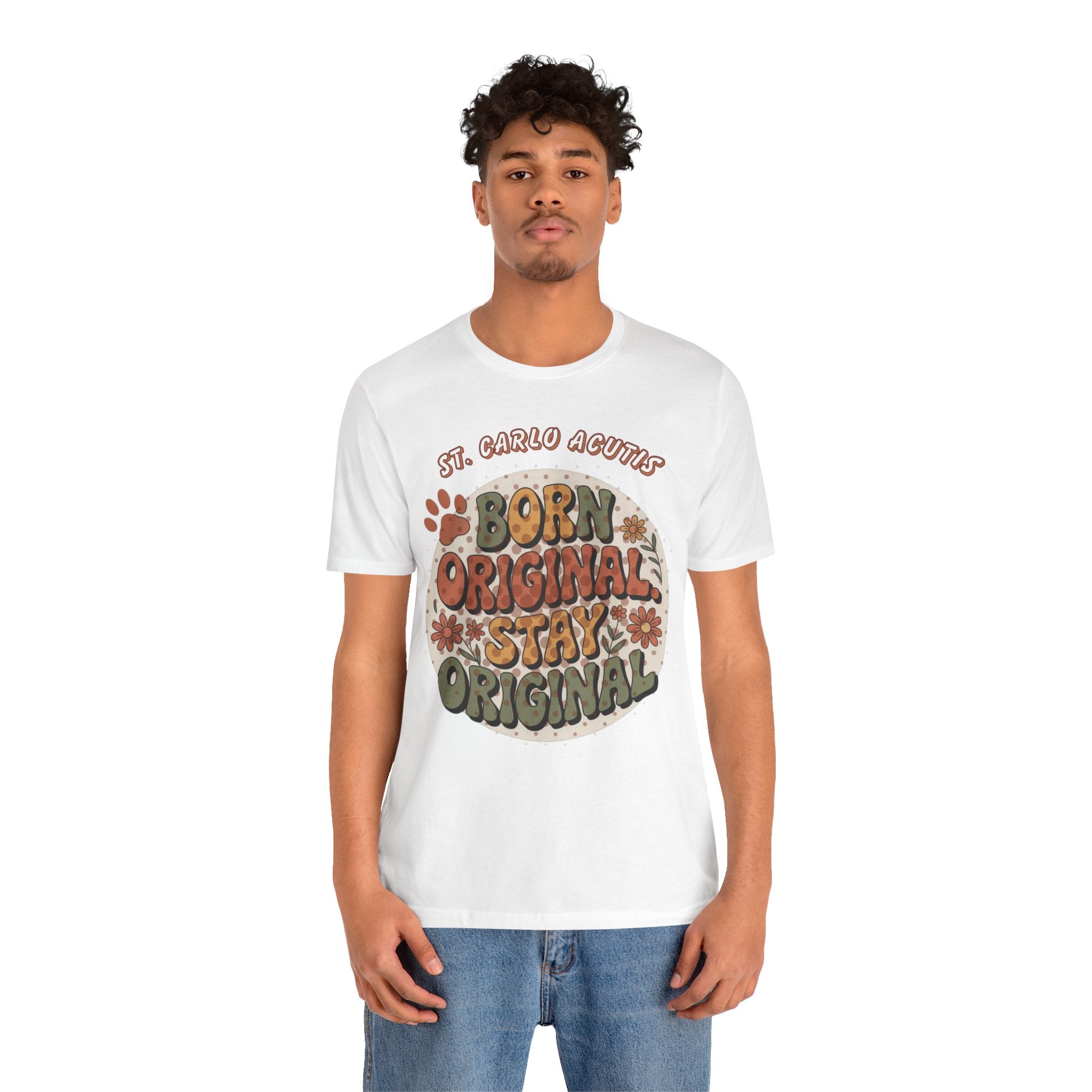 Carlo Acutis Born Original Stay Original Tee — Retro Floral Vintage Graphic T-Shirt
