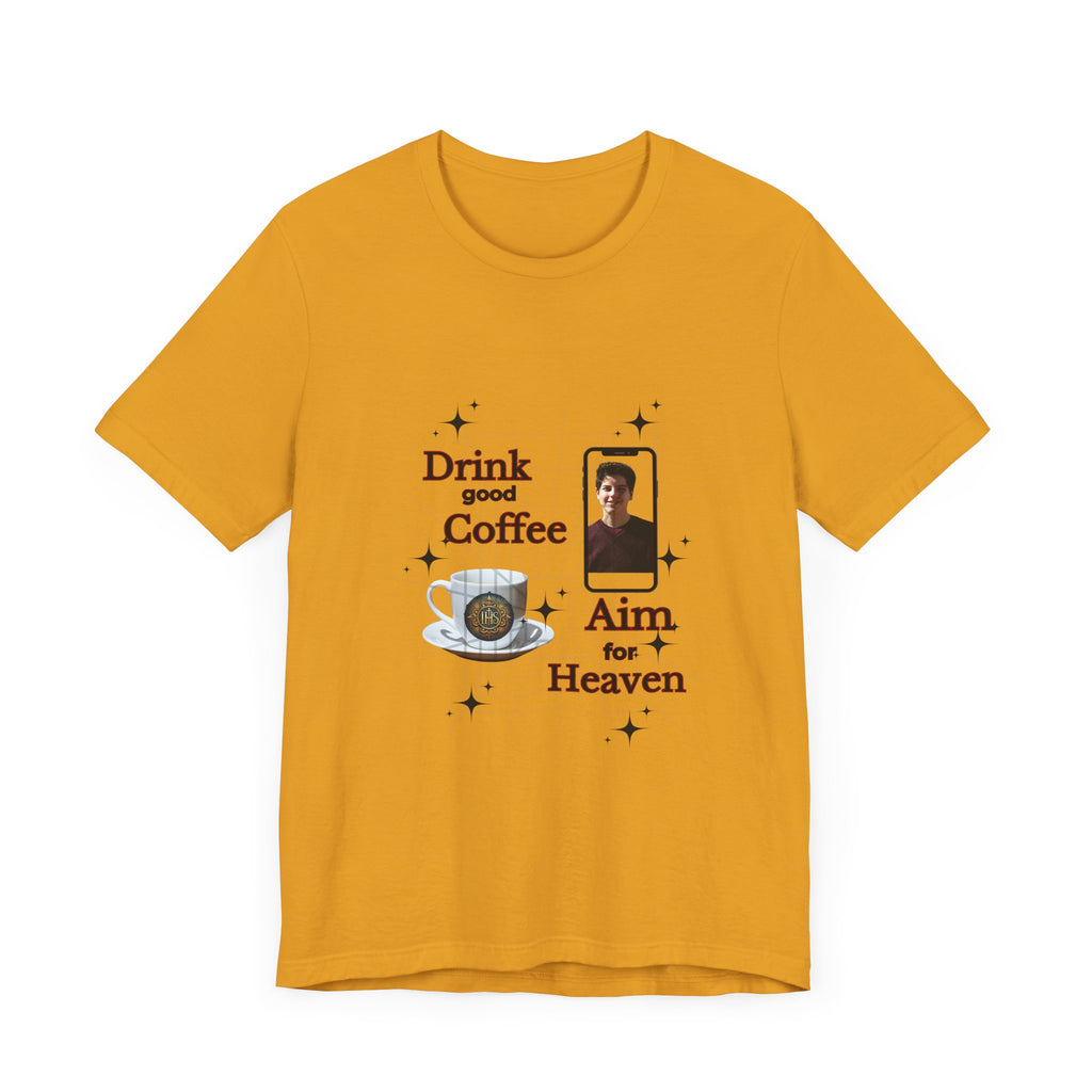 Coffee Lover Tee with Eucharist and St Carlo Acutis Design