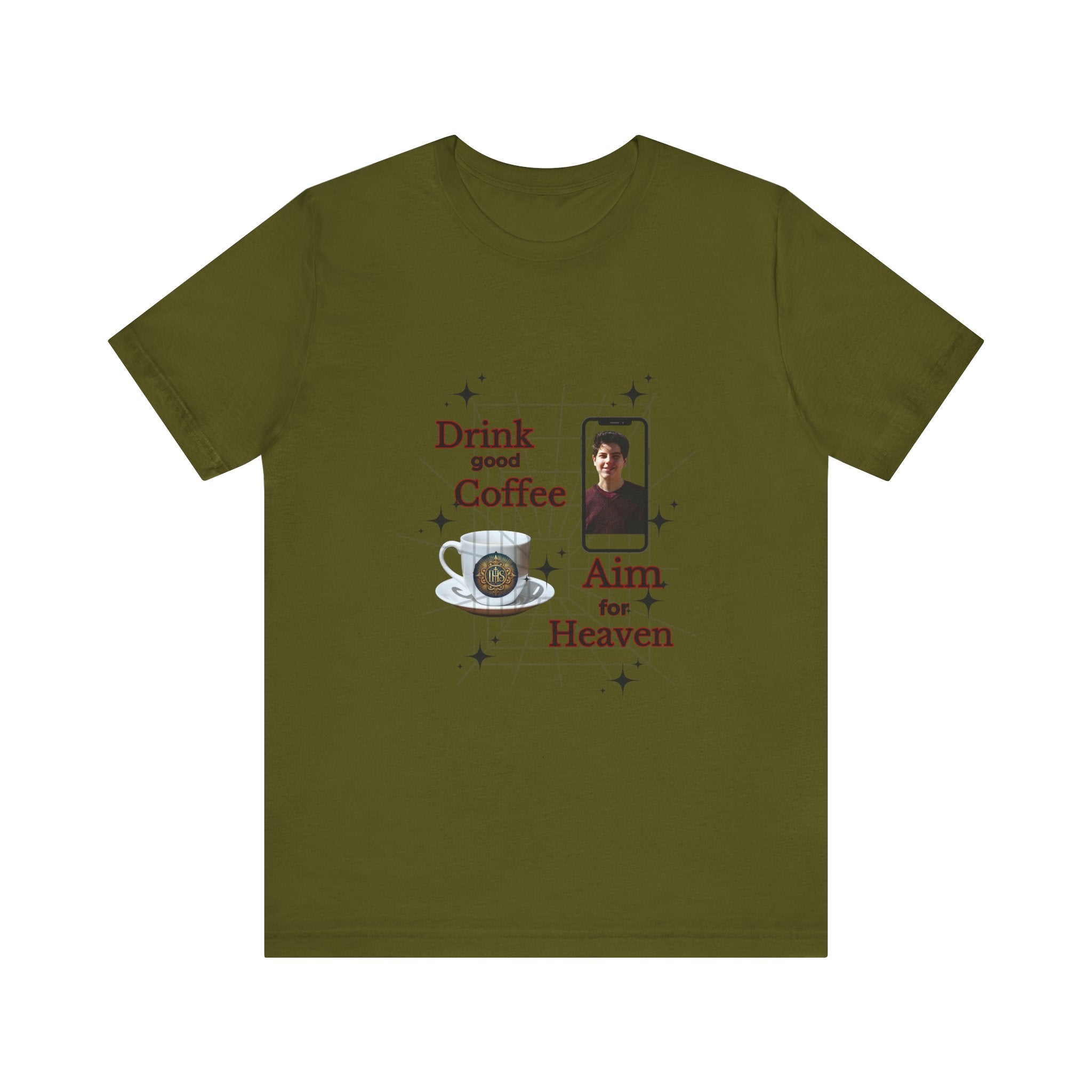 Coffee Lover Tee with Eucharist and St Carlo Acutis Design