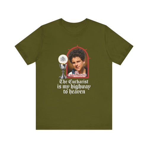 Eucharist Highway to Heaven Tee, Black Christian Shirt, Unisex Short Sleeve T-Shirt, Religious Gift, Faith-Based Apparel, Catholic Style