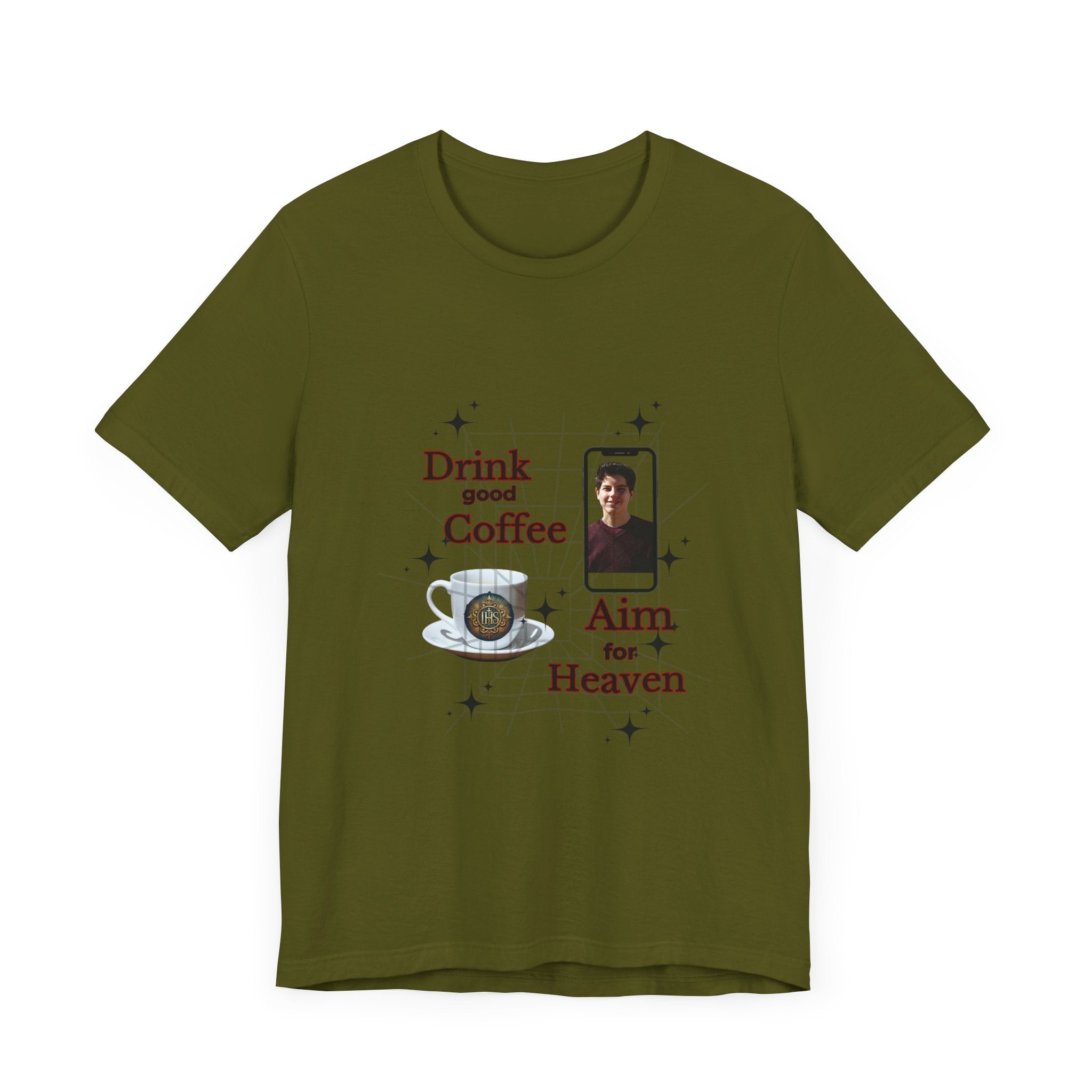 Coffee Lover Tee with Eucharist and St Carlo Acutis Design