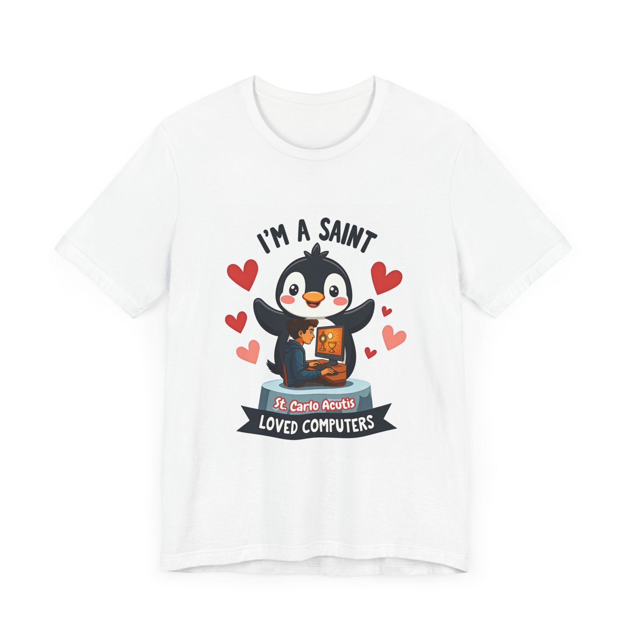 Cute Penguin Short Sleeve Tee - I'm a Saint, Perfect for Tech Lovers, Gift for Computer Enthusiasts, Fun Casual Wear, Unique Holiday Gift