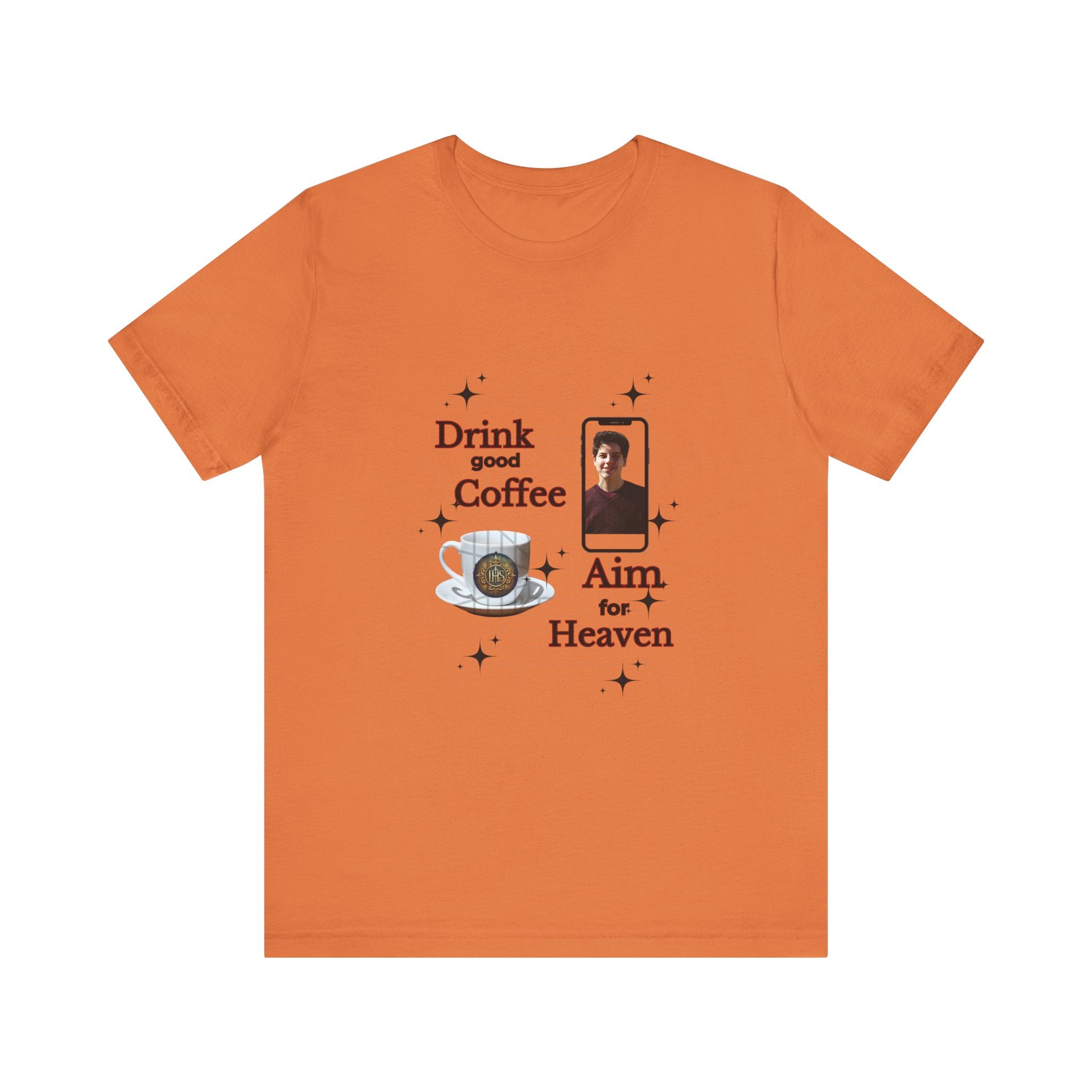 Coffee Lover Tee with Eucharist and St Carlo Acutis Design
