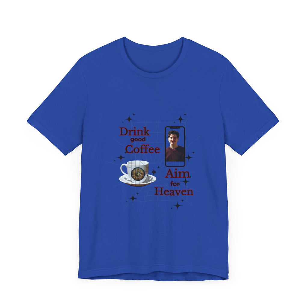 Coffee Lover Tee with Eucharist and St Carlo Acutis Design