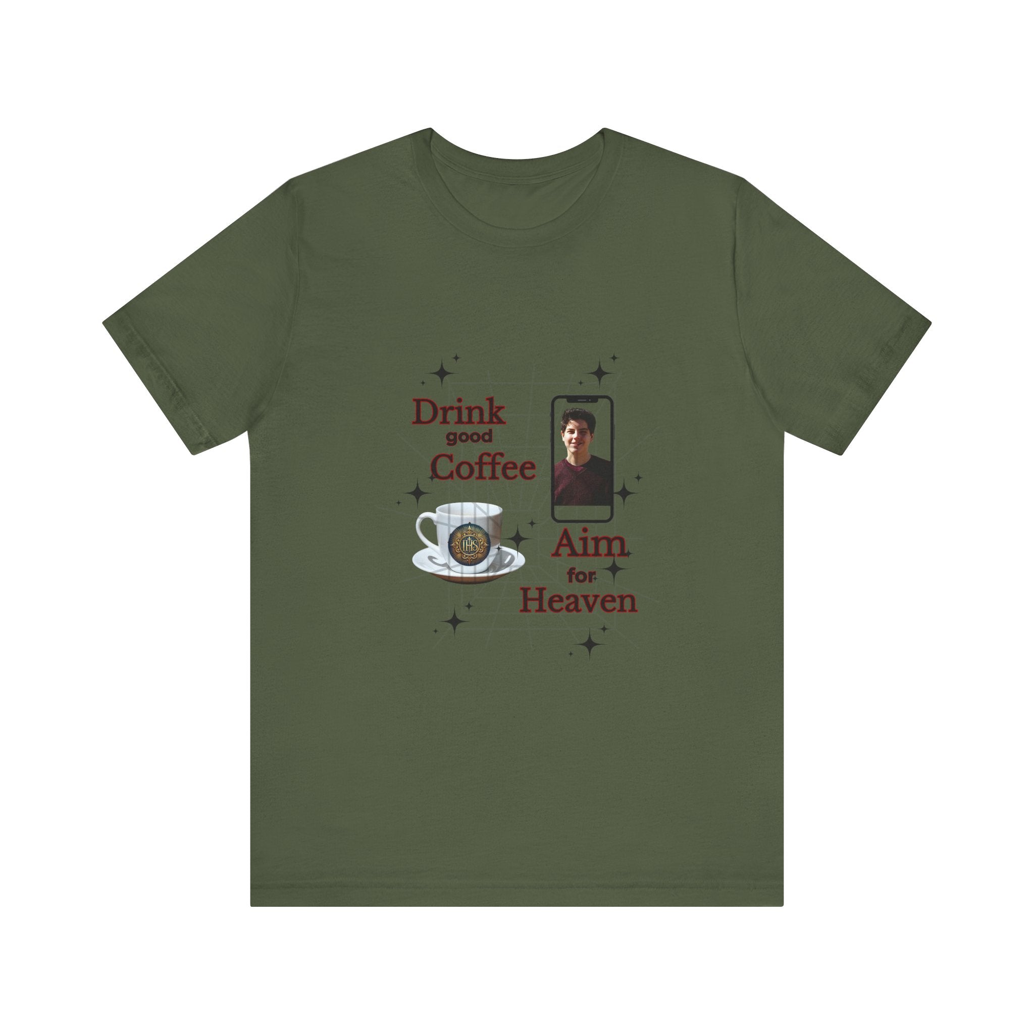 Coffee Lover Tee with Eucharist and St Carlo Acutis Design