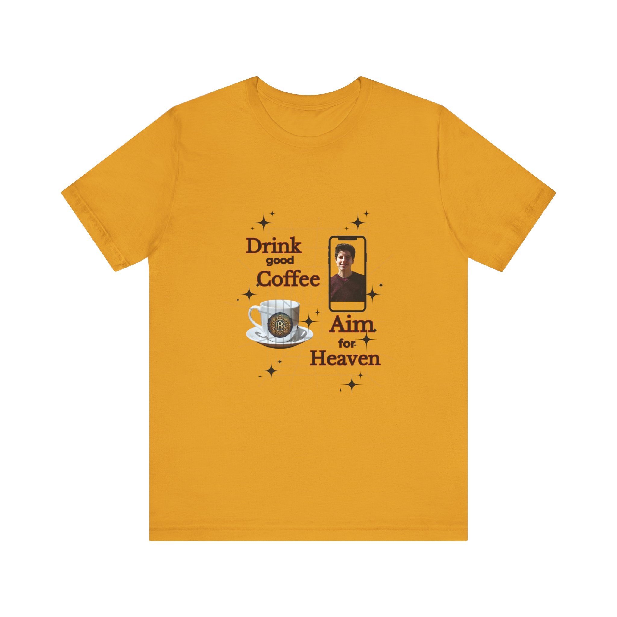 Coffee Lover Tee with Eucharist and St Carlo Acutis Design
