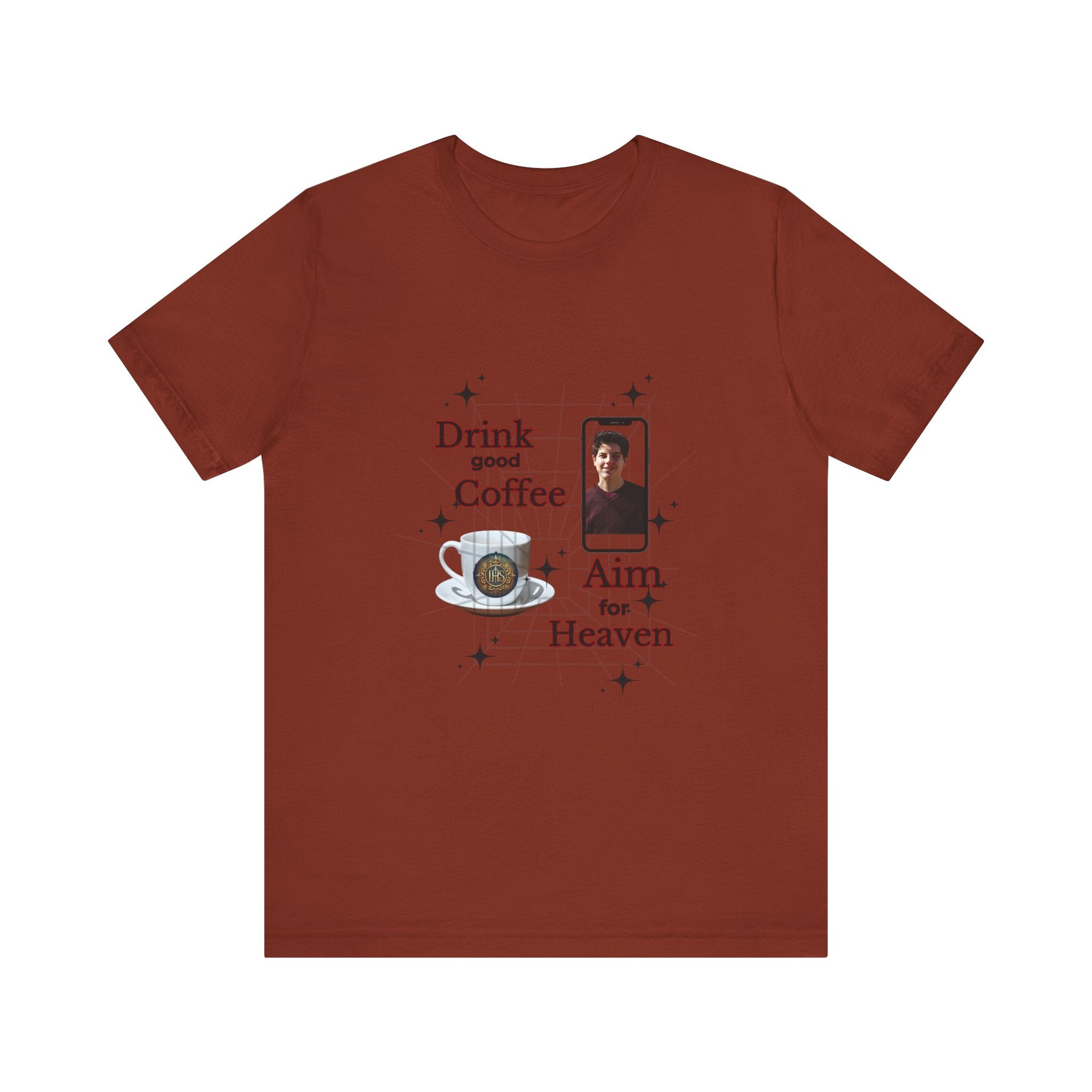 Coffee Lover Tee with Eucharist and St Carlo Acutis Design