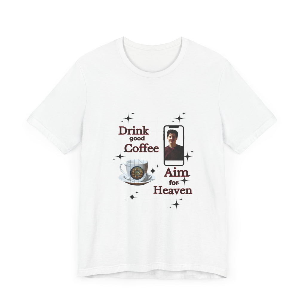 Coffee Lover Tee with Eucharist and St Carlo Acutis Design