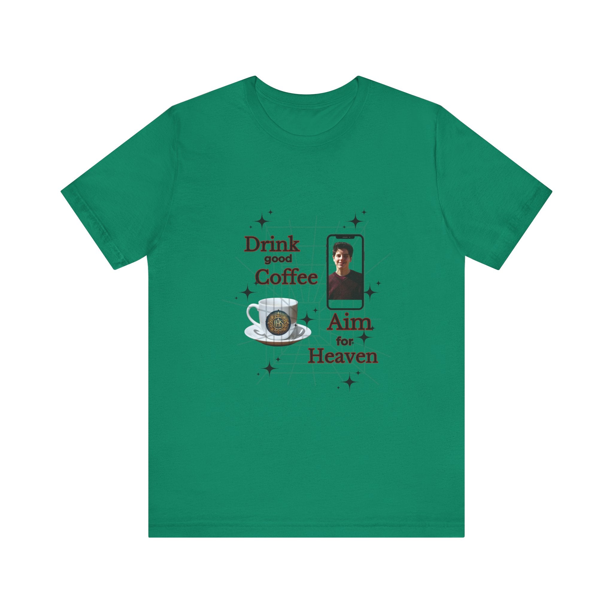 Coffee Lover Tee with Eucharist and St Carlo Acutis Design
