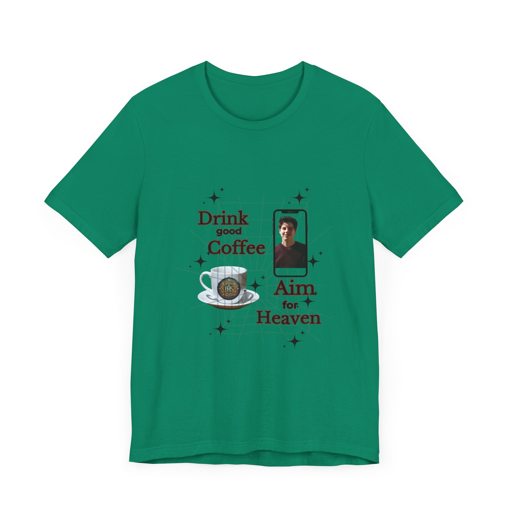 Coffee Lover Tee with Eucharist and St Carlo Acutis Design