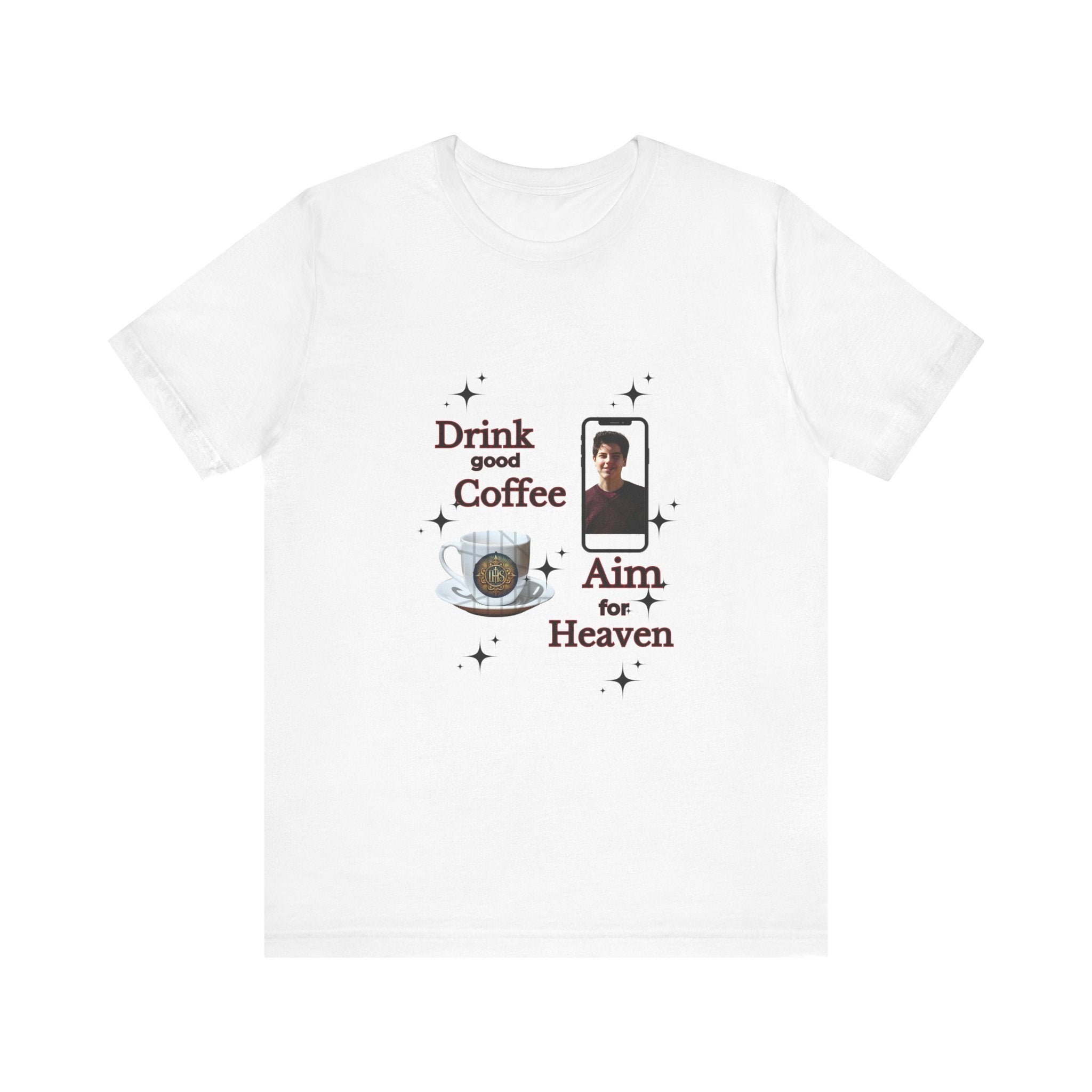Coffee Lover Tee with Eucharist and St Carlo Acutis Design