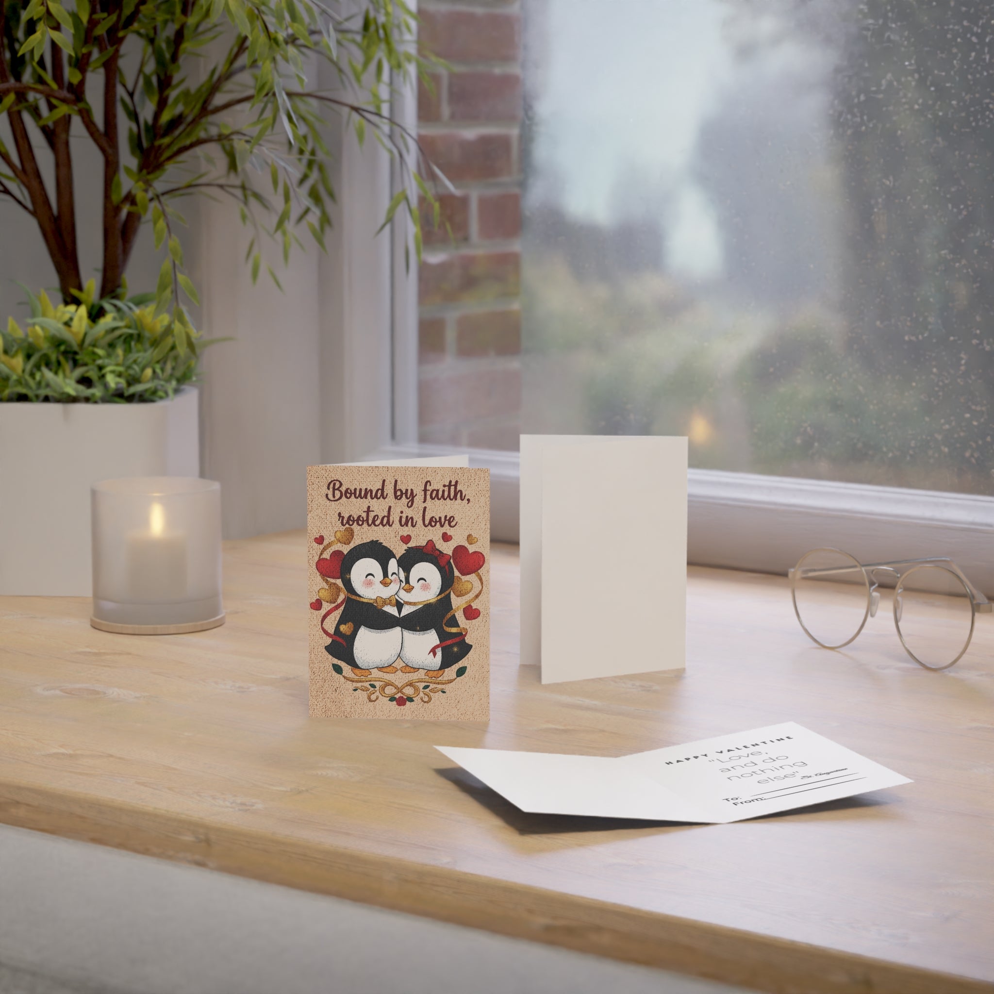 Greeting Card — "Bound by Faith, Rooted in Love" Cute Penguin Couples Card