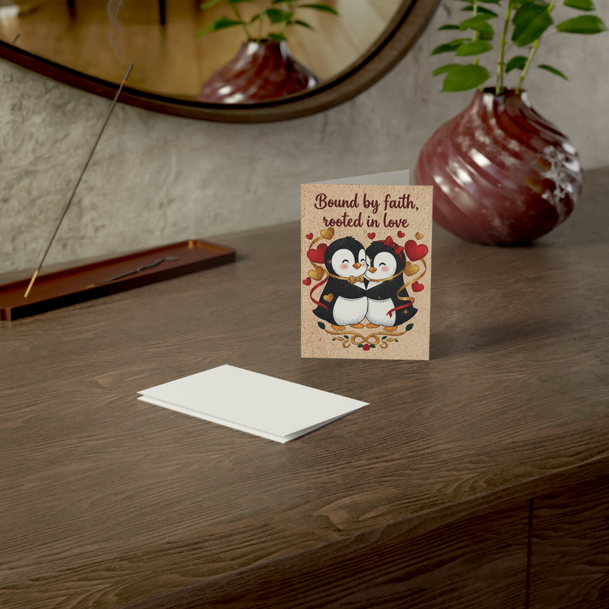 Greeting Card — "Bound by Faith, Rooted in Love" Cute Penguin Couples Card