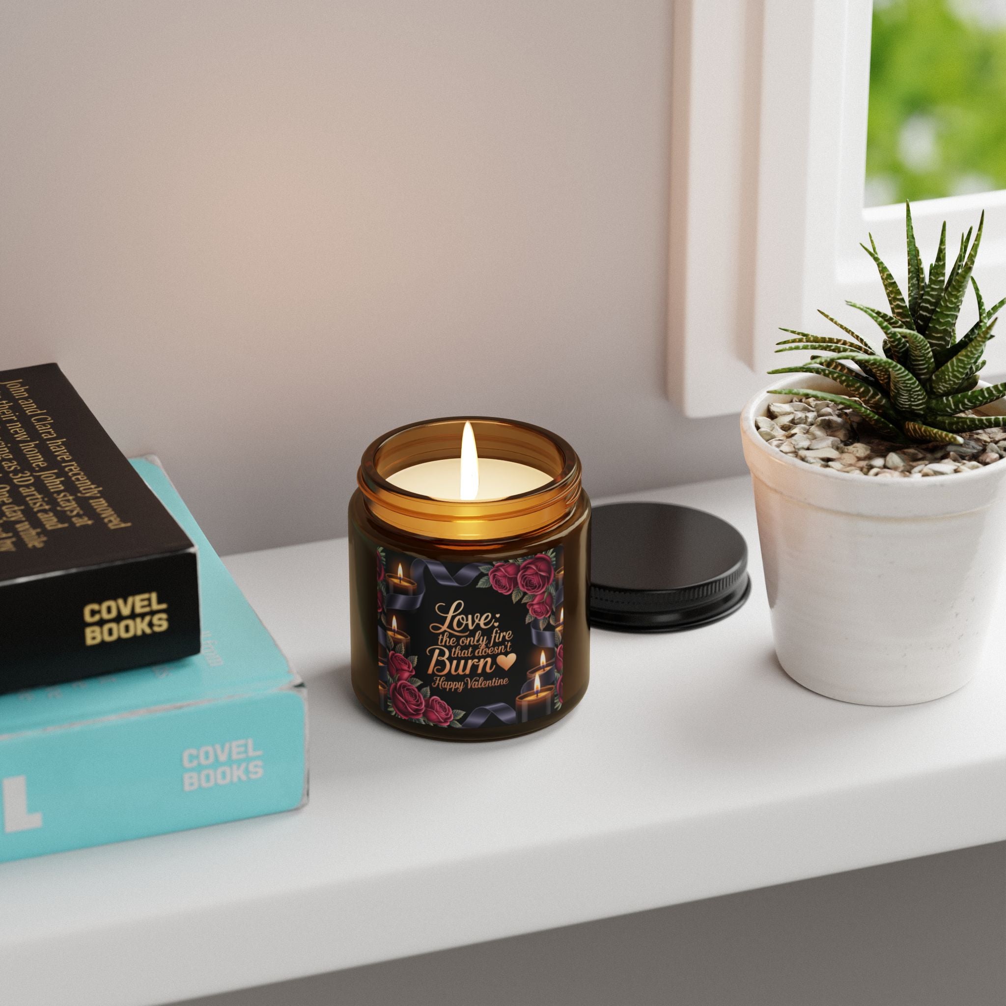 Valentine Soy Candle — "Love: The Only Fire That Doesn't Burn" Amber Jar