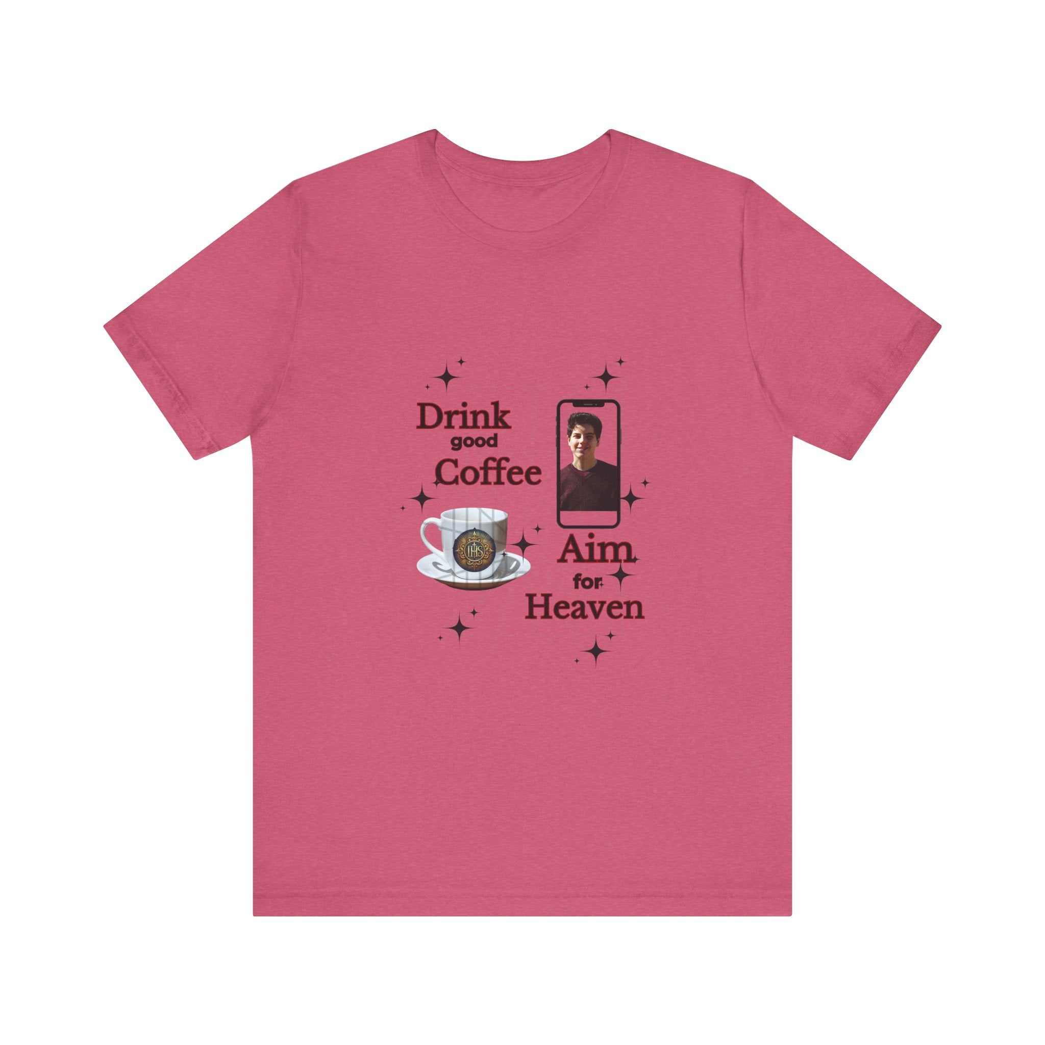 Coffee Lover Tee with Eucharist and St Carlo Acutis Design